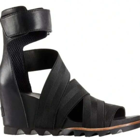 Sorel Joanie II Strappy Stretch Black Wedge Heel Sandals Zip Back Velcro Ankle - Picture 12 of 12